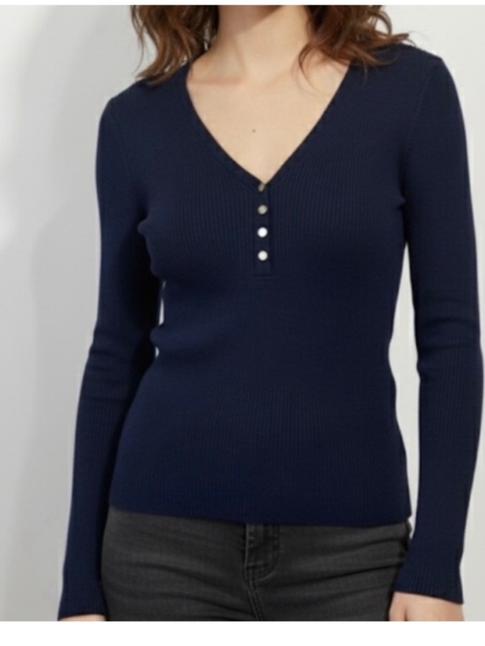 Sandro Ribbed Knit Longsleeve Blouse Size Small Navy Blue Button Front Stretchy